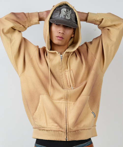 WAFFLE MIXED HOODIE ZIP-UP SAND