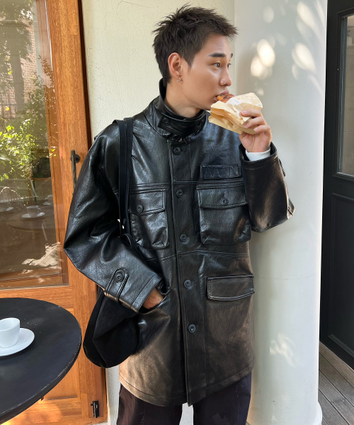 4 POCKET LEATHER CAR COAT BLACK