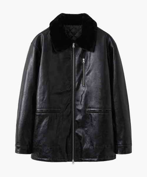 Fur-Trim Leather Field Jacket, Black