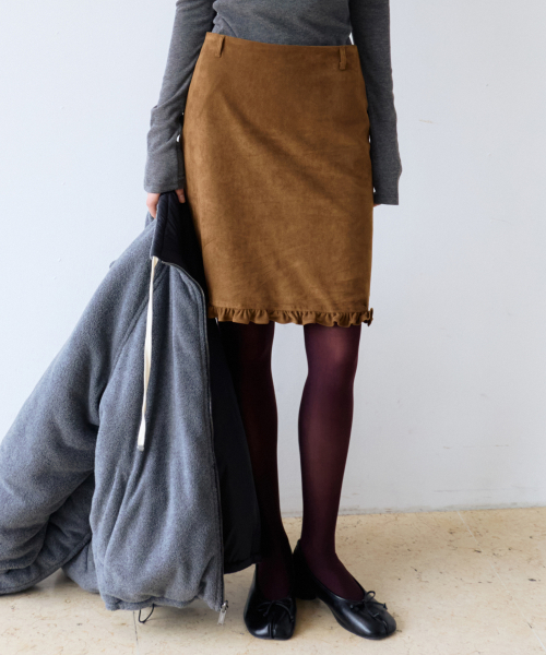 Suede frill midi skirt