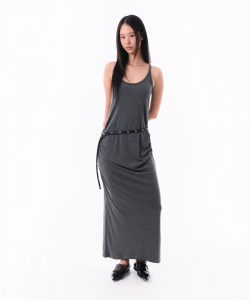 SIDE SHIRRING SLEEVELESS MAXI DRESS (CHARCOAL)