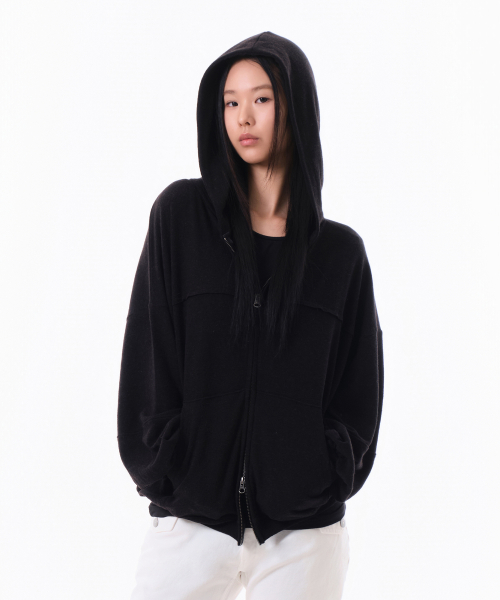 ANGORA SOFT HOOD ZIP-UP (BLACK)