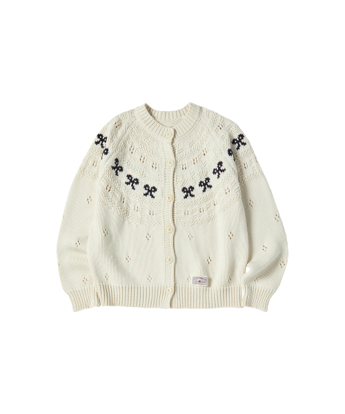 꼬모니노즈 W RIBBON PUNCHING KNIT CARDIGAN [IVORY]