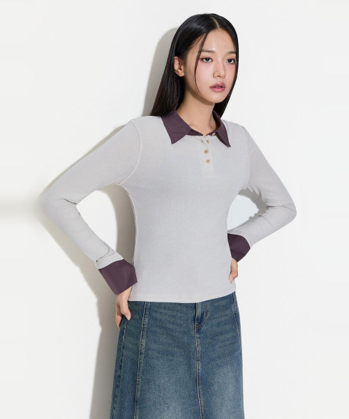 Collar Contrast Long-Sleeve T Shirt_MIWLWGT0AS