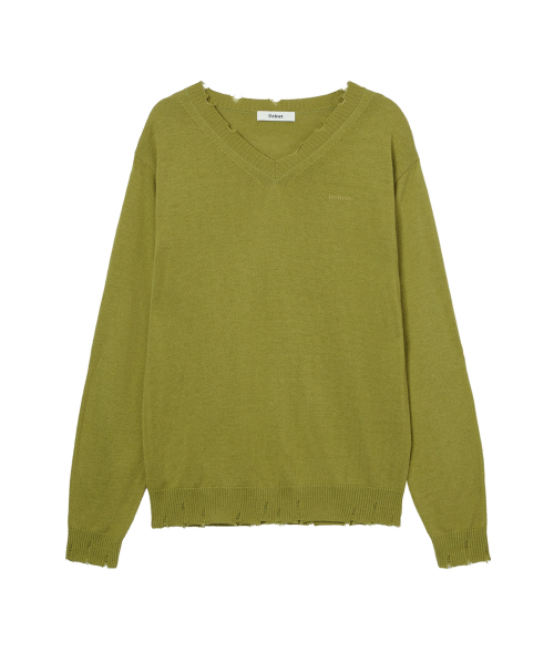 V-NECK DISTRESSED BASIC PULLOVER IN OLIVE