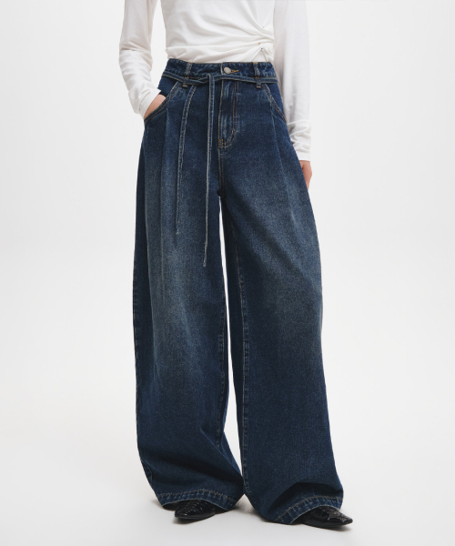 woman wide denim pants [deep blue]