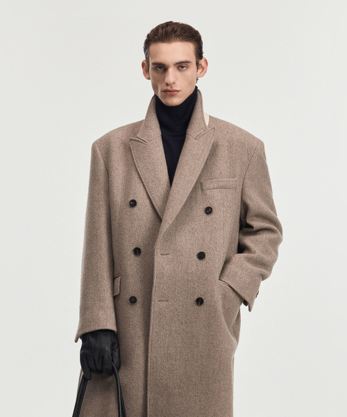 Herringbone Tailored Double Coat (Greyish Beige) TNCO6F102I2