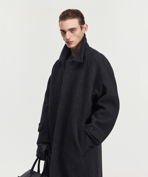 Virgin Wool Herringbone Balmacaan Coat (Dark Grey) TNCO6F100CG