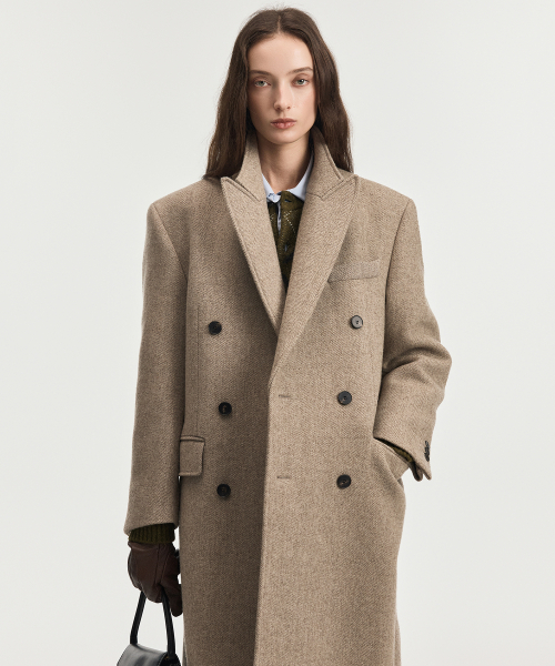 티엔지티 우먼 W Herringbone Tailored Double Coat (Greyish Beige) TNCO6F102I2
