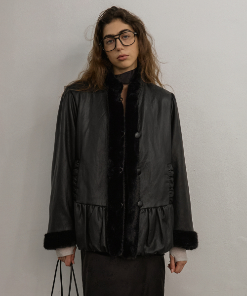 엘무드 우먼 THEODORA Leather & Fur Reversible Coat Black