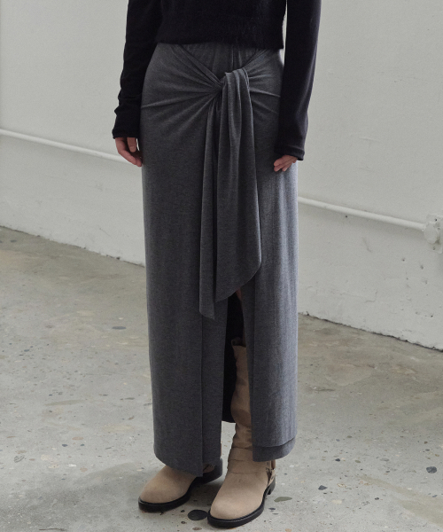니브 Tie Wrap Drape Long Skirt (Charcoal)