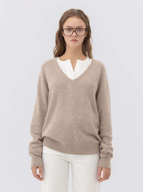 G LOOSE DEEP V-NECK KNIT (OATMEAL) — Main product photo