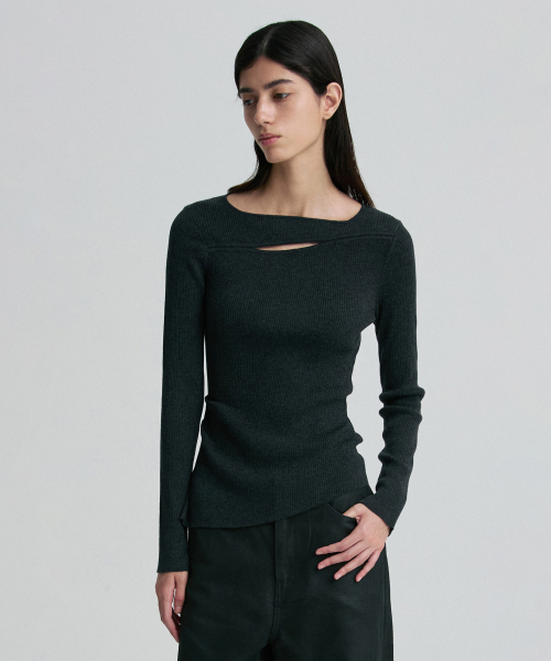 MULTI-SLIT FITTED LONG-SLEEVE TOP CHARCOAL