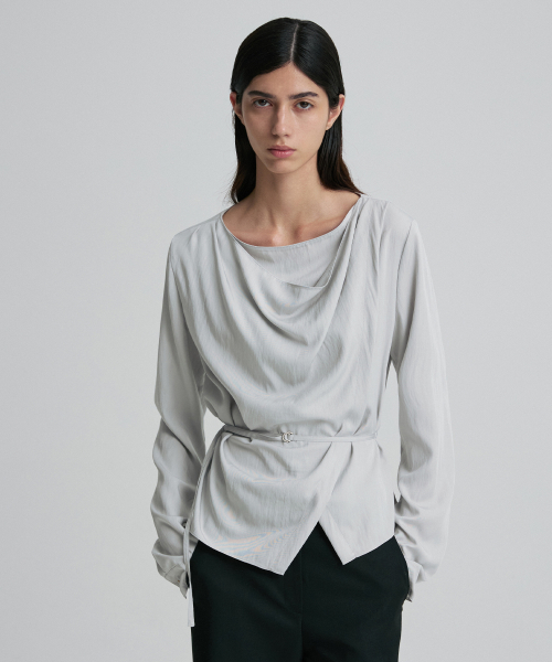 DRAPED COWL-NECK TIE-WAIST TOP ASH GRAY