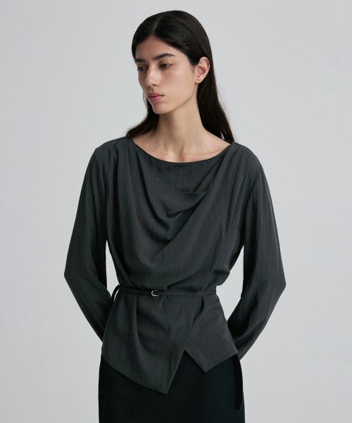 DRAPED COWL-NECK TIE-WAIST TOP CHARCOAL