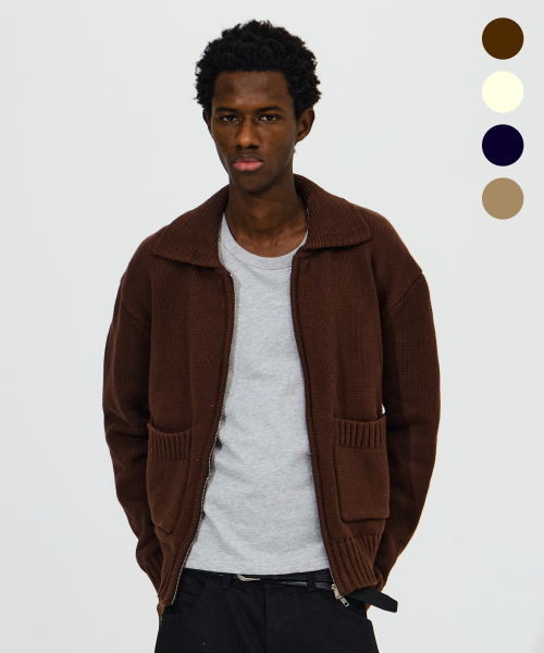 Collared Zip-Up Cropped Knit Jacket[4Color]