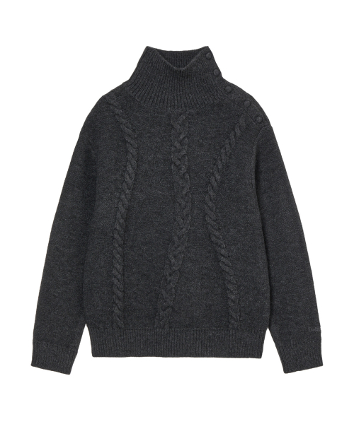 BUTTON HIGH-NECK TWIST KNIT IN CHARCOAL