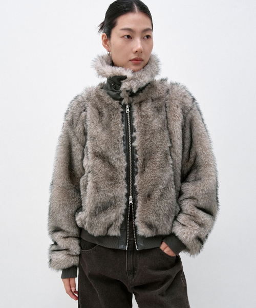인사일런스 우먼 버클 투톤 퍼 자켓 GREY BROWN