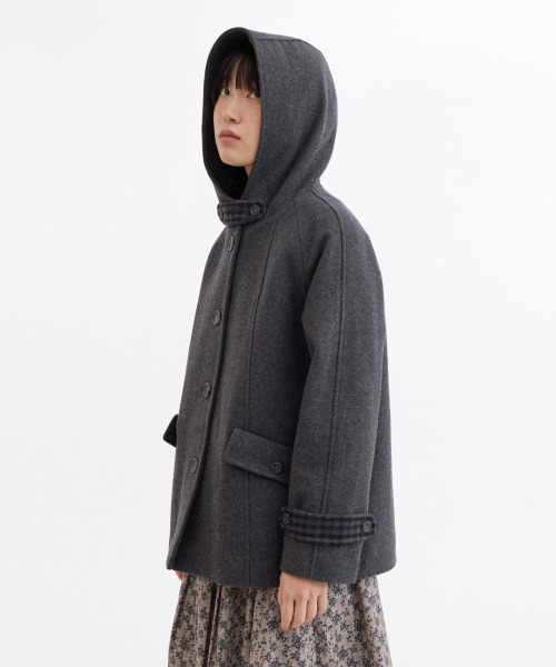 오헤시오 CHECK LINING HOODED HALF COAT, CHARCOAL
