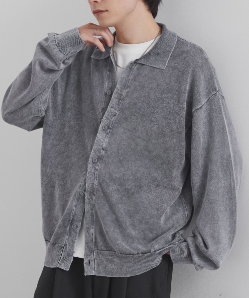 모노마트 Vintage-Look Pigment-Dyed Oversized Long-Sleeve Knit Shirt