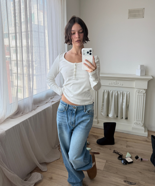 COTTON HENLEY LONG SLEEVE T (VINTAGE IVORY)
