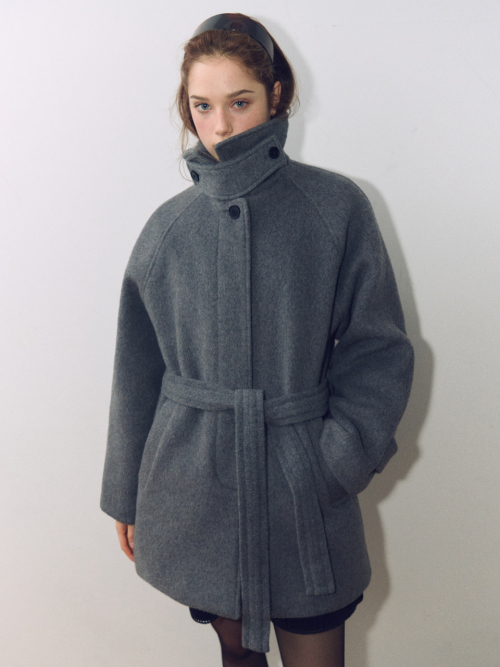 에트몽 Hairy Wool Belted Half Coat, Grey