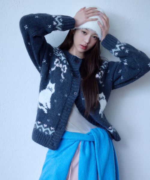 로라로라 CAT JACQUARD CARDIGAN CHARCOAL