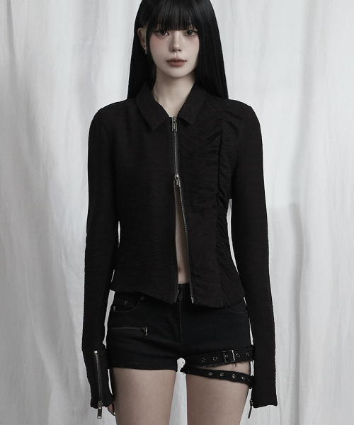 Side Shirring Zip-Up (Black)