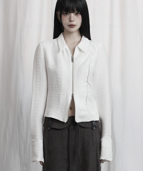 Side Shirring Zip-Up (White)