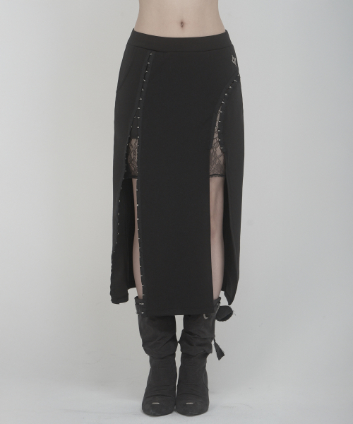 쇠아 Hook Side Slit Lace-Lined Maxi Skirt