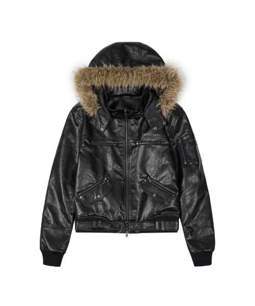 아캄 Fur High Neck Leather Jacket (Black)