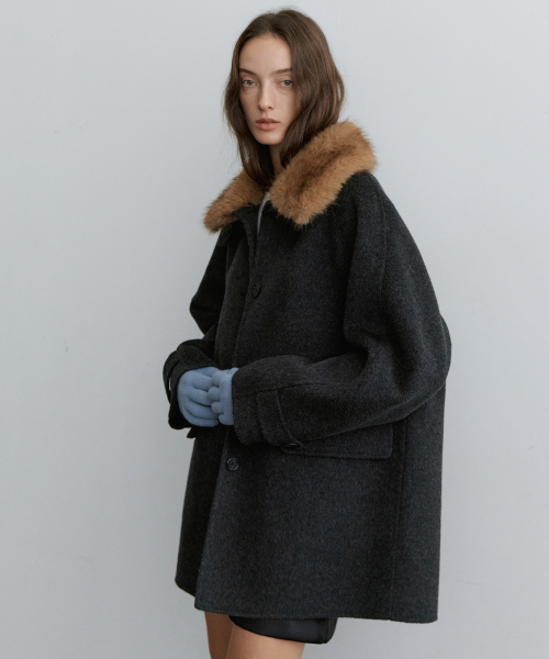노운베러 Detachable fur-collar handmade coat [KNFW08CT06]_Charcoal