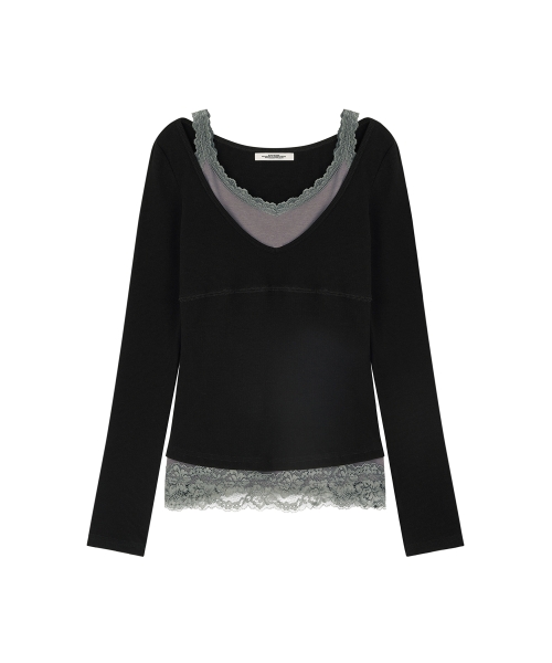 Lace Double-layered Long Sleeve Top - Black — Main product photo