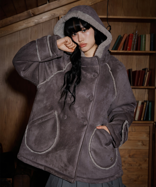 엘엠알 스웨이드 무스탕 후드 하프 코트 GREY