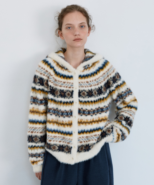 유라고 Hairy jacquard hooded cardigan