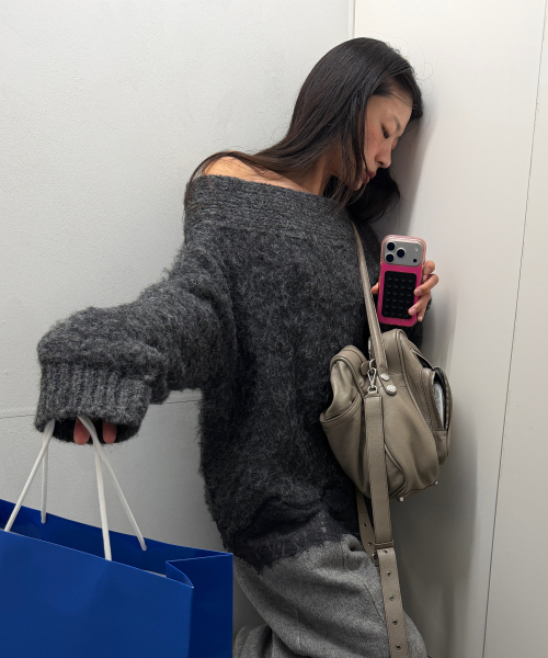 Off-shoulder Lace Knit - Charcoal — Main product photo