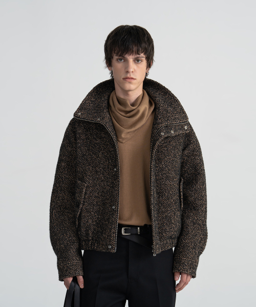 (UNI) ITALIAN TWEED GLITTER HIGH-NECK JACKET - BEIGE BLACK — Main product photo