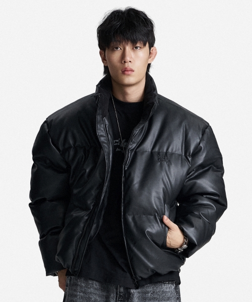 오버핏 PU레더 엠브로이더드 푸퍼 숏 패딩 자켓 (BLACK) — Main product photo