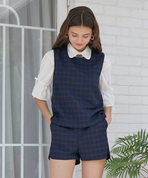 Топ flower button check Navy