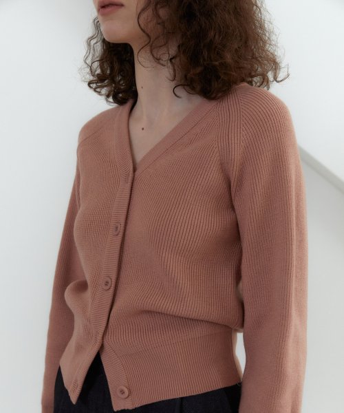 21S V-NECK LINE RIBBED CARDIGAN (FLAMINGO)