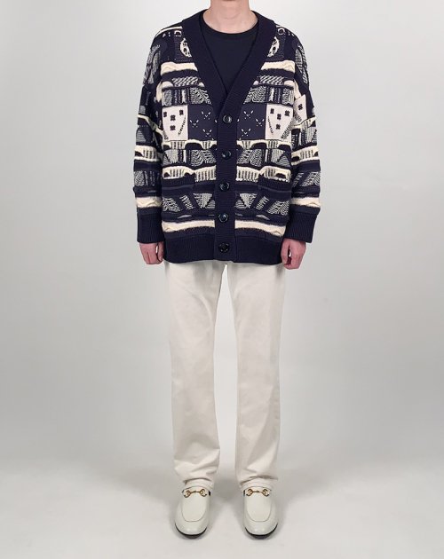 Оверсайз кардиган с мультипаттерном и смешанной вязкой (Cream Navy)