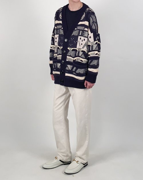 Оверсайз кардиган с мультипаттерном и смешанной вязкой (Cream Navy)