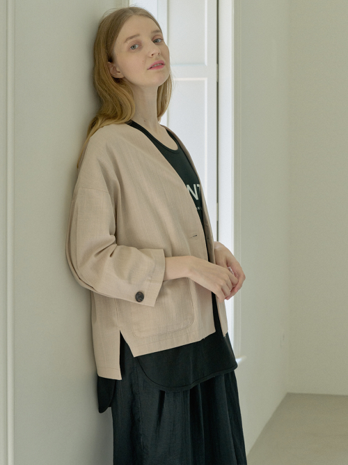 Volume Sleeve Linen Cardigan Jacket - Beige