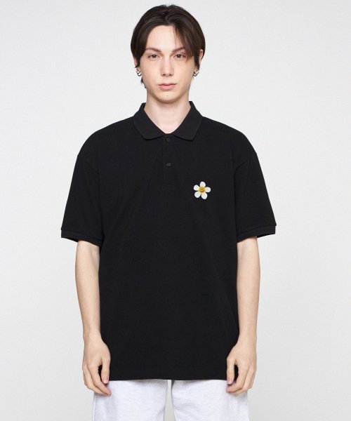 [UNISEX] Поло с вышивкой цветы_Black
