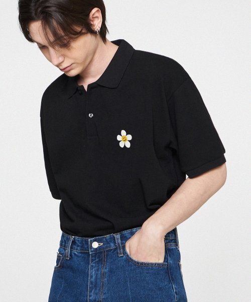 [UNISEX] Поло с вышивкой цветы_Black