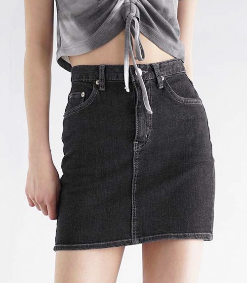 Black Cotton Denim Stretch Skirt | Roman UK