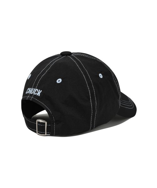 black baseball cap with white stitching