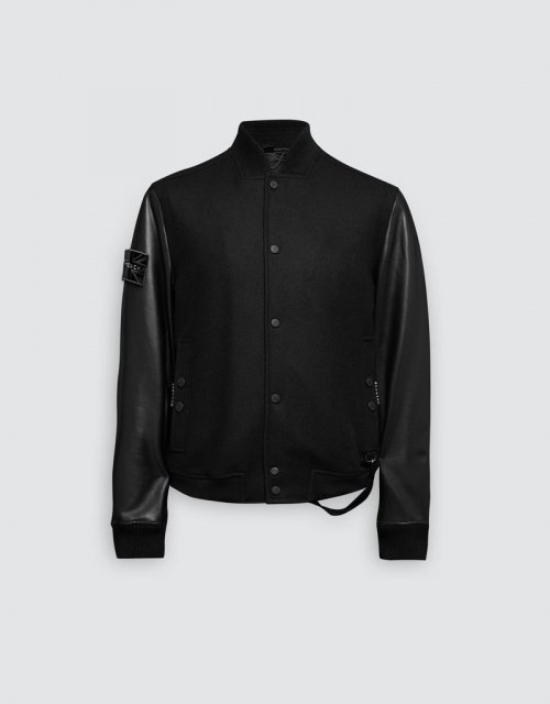 Кожаная куртка леттерман (Black/Black/White)