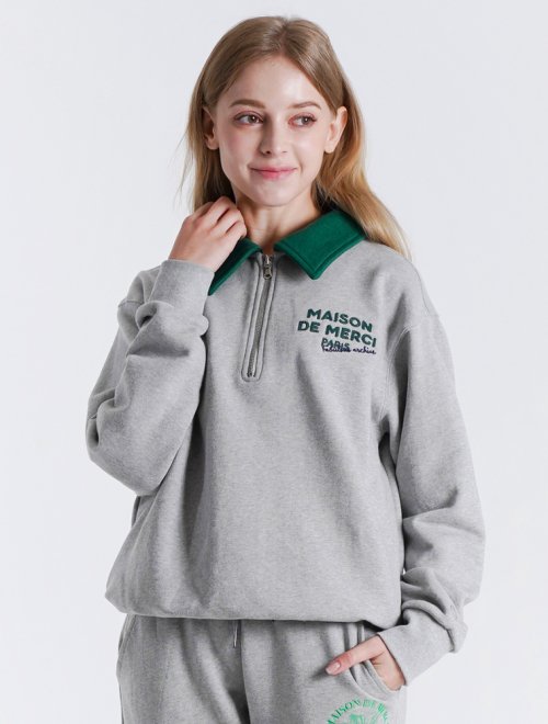 UNISEX регуляр-фит MAISON цепочная вышивка полумолния меланж-серый (FCB3TS322M)