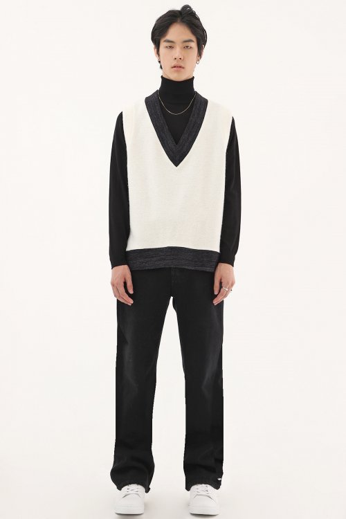 Жилет UNISEX MAN из твида и шерсти с V-вырезом Ivory/Navy